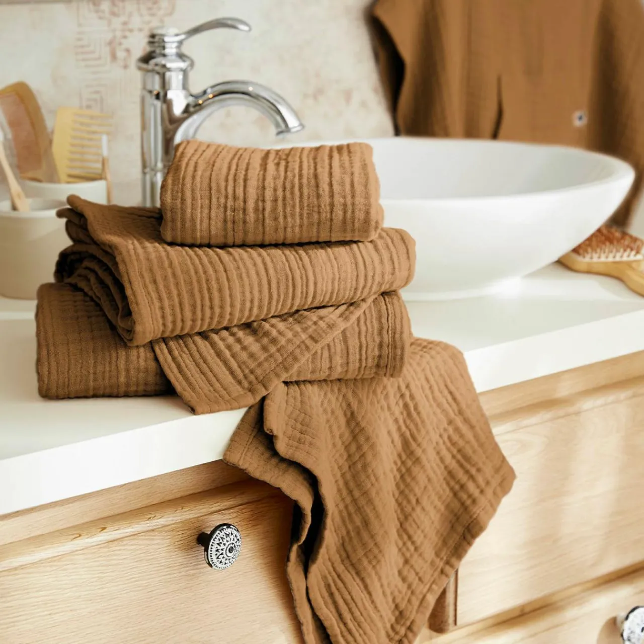 EMINZA Serviette de bain gaze de coton (90 x 150 cm) Gaïa Camel Clearance