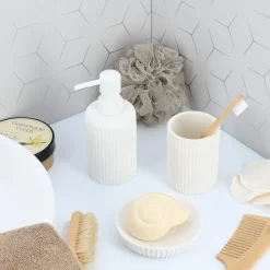 TENDANCE Set d'accessoires salle de bain résine Strié Blanc