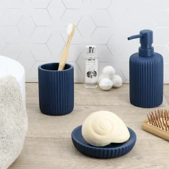 TENDANCE Set d'accessoires salle de bain résine Strié Bleu marine Online