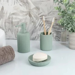 TENDANCE Set d'accessoires salle de bain résine Strié Vert Eucalyptus Outlet