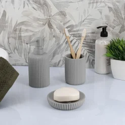 TENDANCE Set d'accessoires salle de bain résine Strié Gris clair New