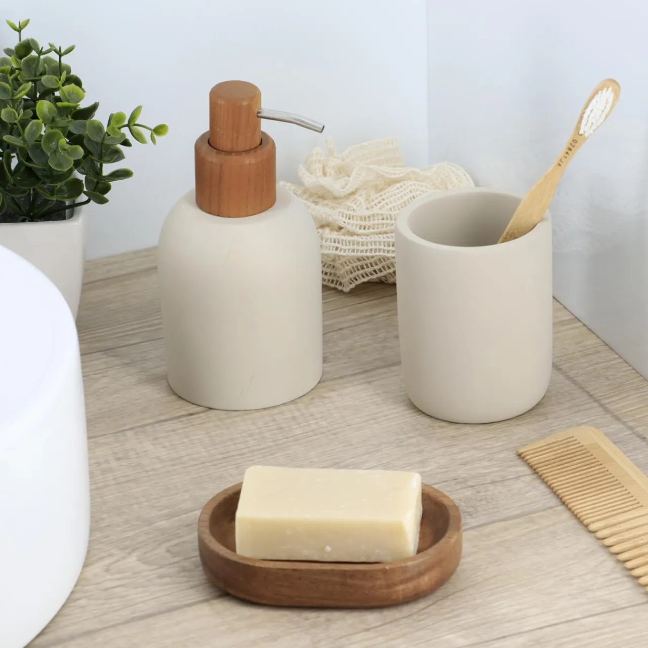 TENDANCE Set d'accessoires salle de bain ciment Ibiza Beige Best