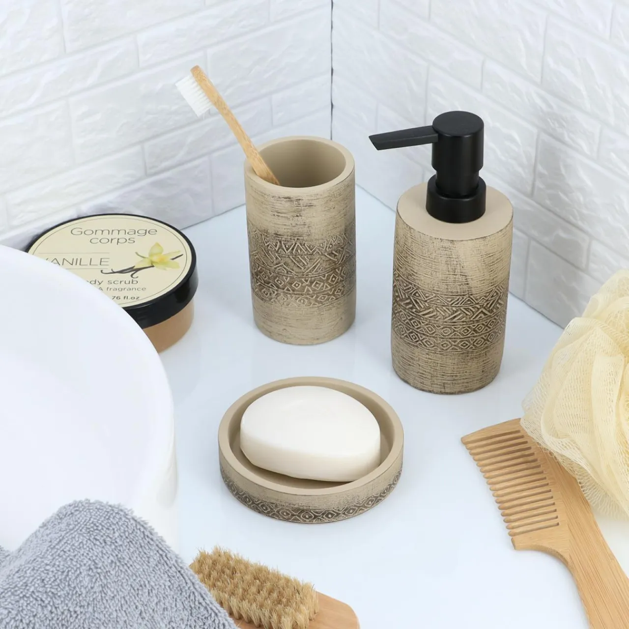 TENDANCE Set d'accessoires salle de bain ciment Tanger Naturel
