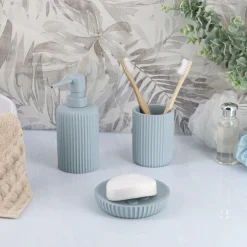 TENDANCE Set d'accessoires salle de bain résine Strié Bleu clair