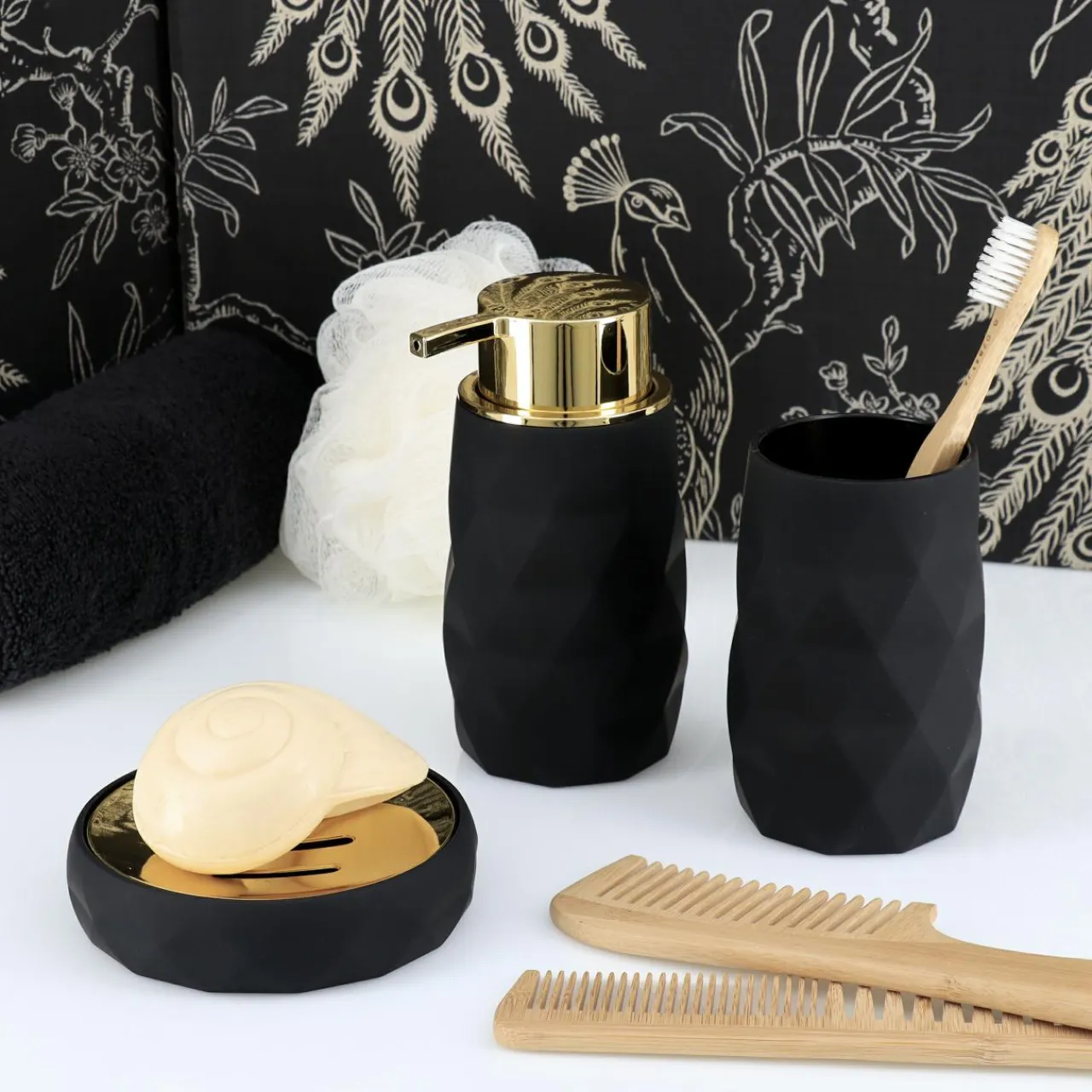 TENDANCE Set d'accessoires salle de bain Rubby Noir Best