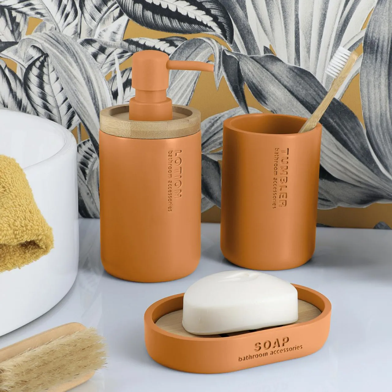 TENDANCE Set d'accessoires salle de bain Purebamboo Jaune moutarde Discount