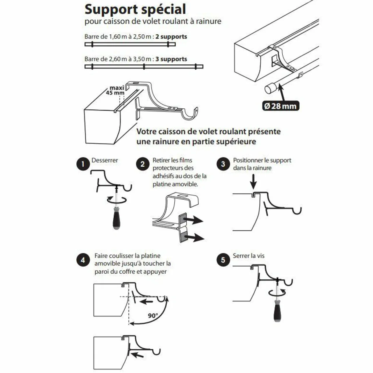 LUANCE Support à tringle pour caisson de volet roulant (L135 / D28 mm) satiné Blanc Outlet