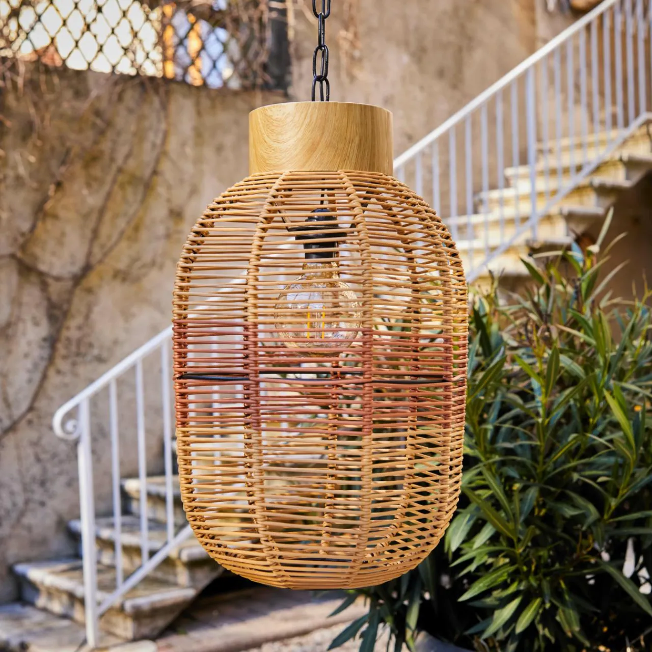 #N/A Suspension de jardin solaire résine tressée LED (D27 cm) Toscane Terracotta Orange