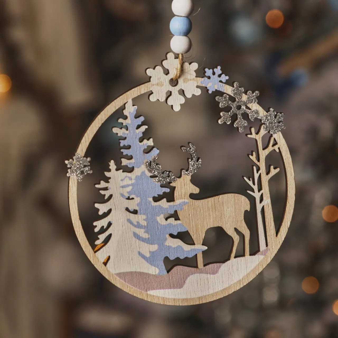 KAEMINGK Suspension de Noël en bois (D11 cm) Caribou dans les bois clair Bleu Online