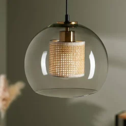 OSTARIA Suspension lumineuse en verre et cannage (D25 cm) Lucéa Beige Transparent