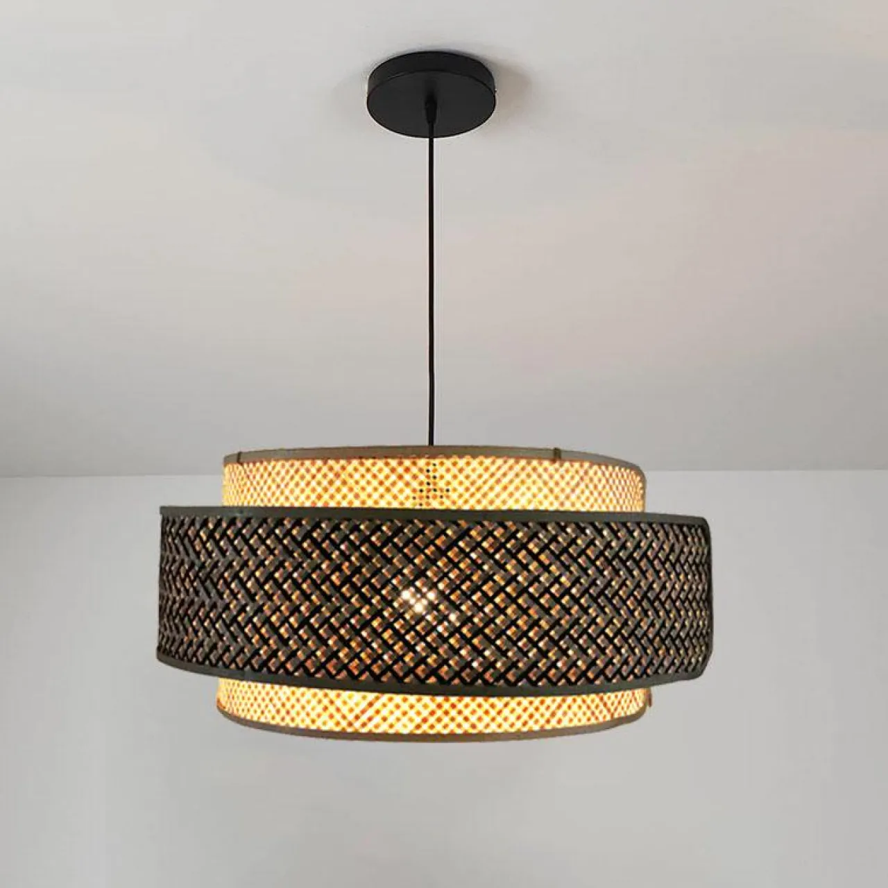 EMINZA Suspension lumineuse ronde en bambou (D53 cm) Oviedo et naturel Noir New
