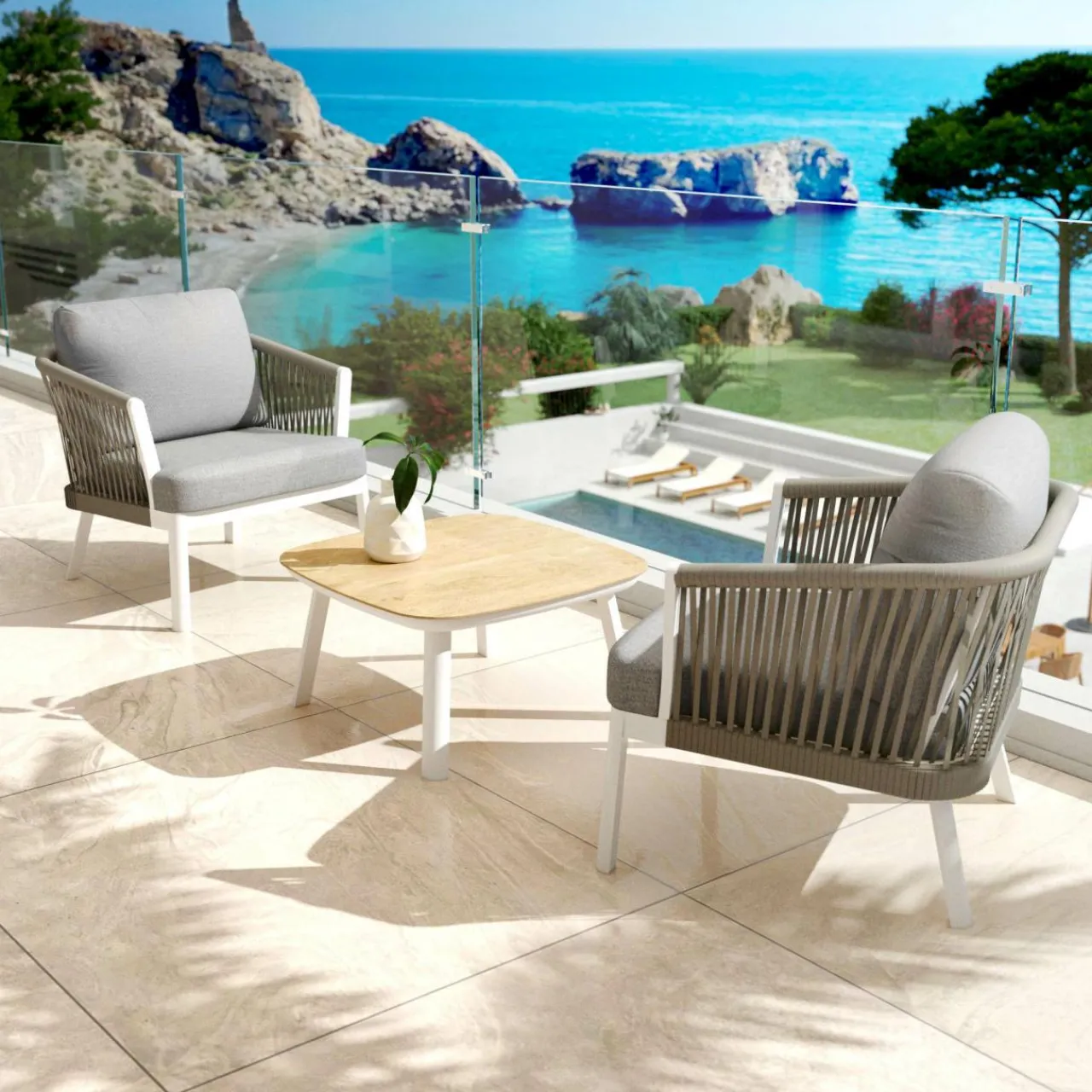 MOBELLIA Table basse de jardin carrée aluminium Amalfi Blanc New