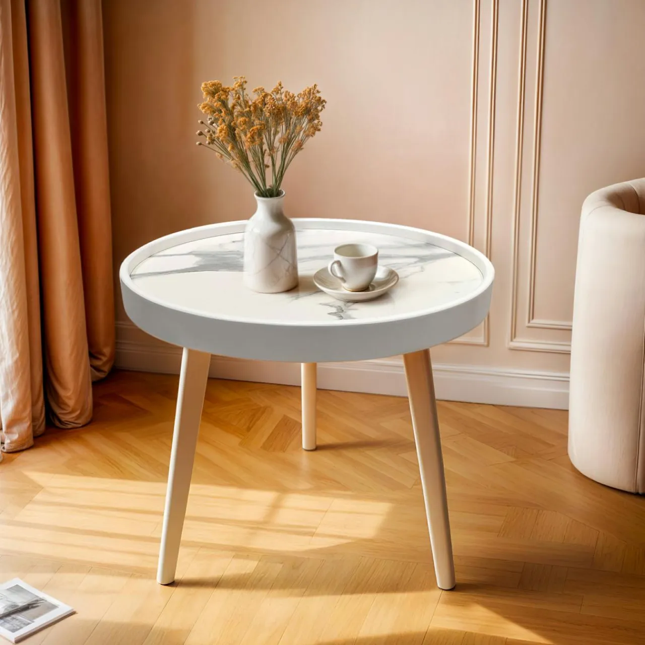 EMINZA Table basse ronde effet marbre (H43 cm) Déa Blanc Outlet
