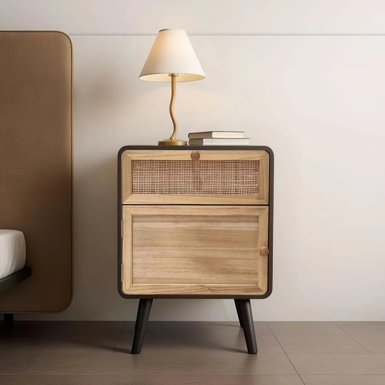 EMINZA Table de chevet bois et cannage (40 x H55 cm) Osaka et bois Noir Clearance
