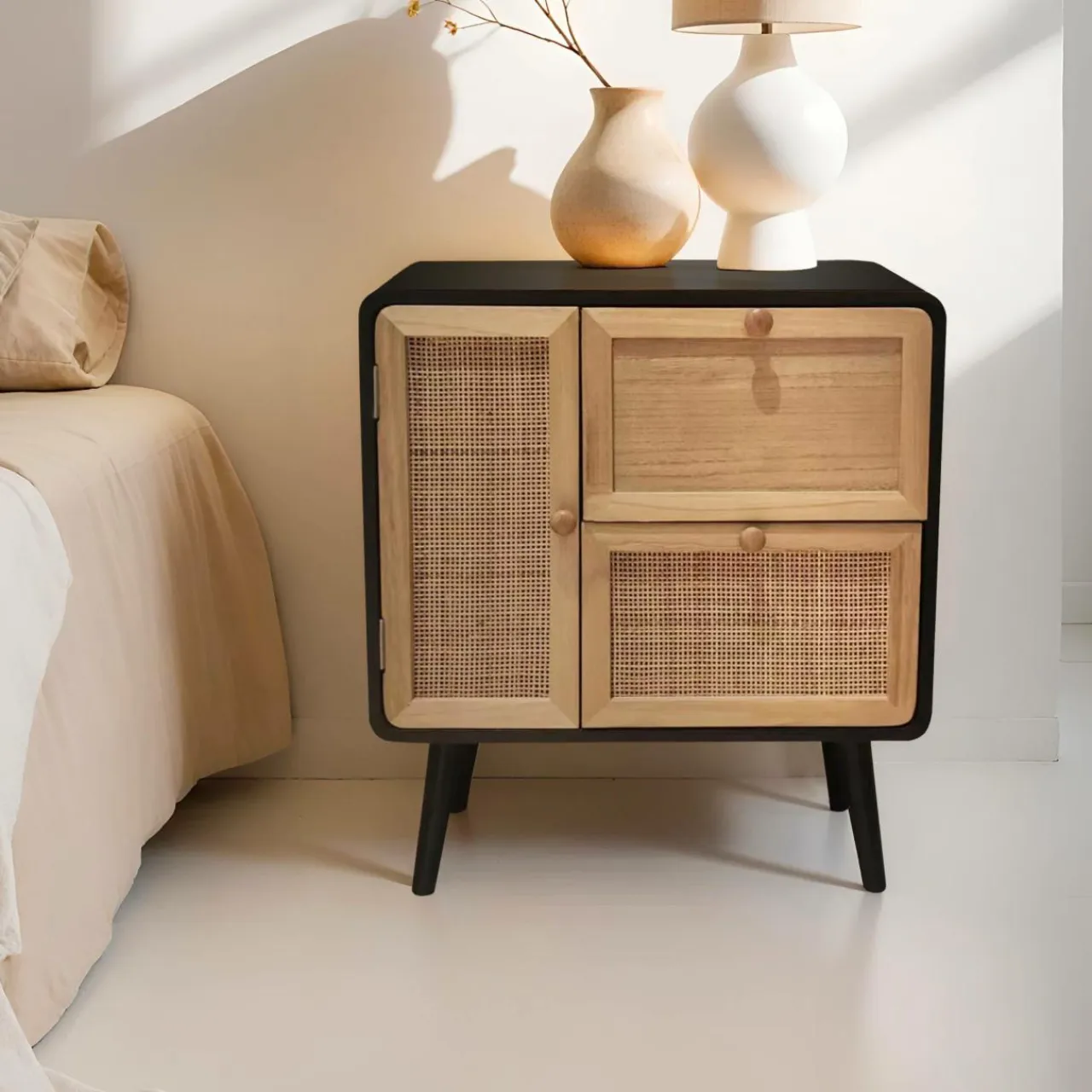 EMINZA Table de chevet bois et cannage (50 x H55 cm) Osaka et bois Noir Outlet