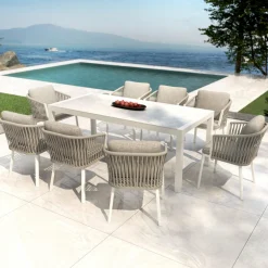 MOBELLIA Table de jardin en aluminium et céramique 8 places (180 x 90 cm) Modena Blanc Hot