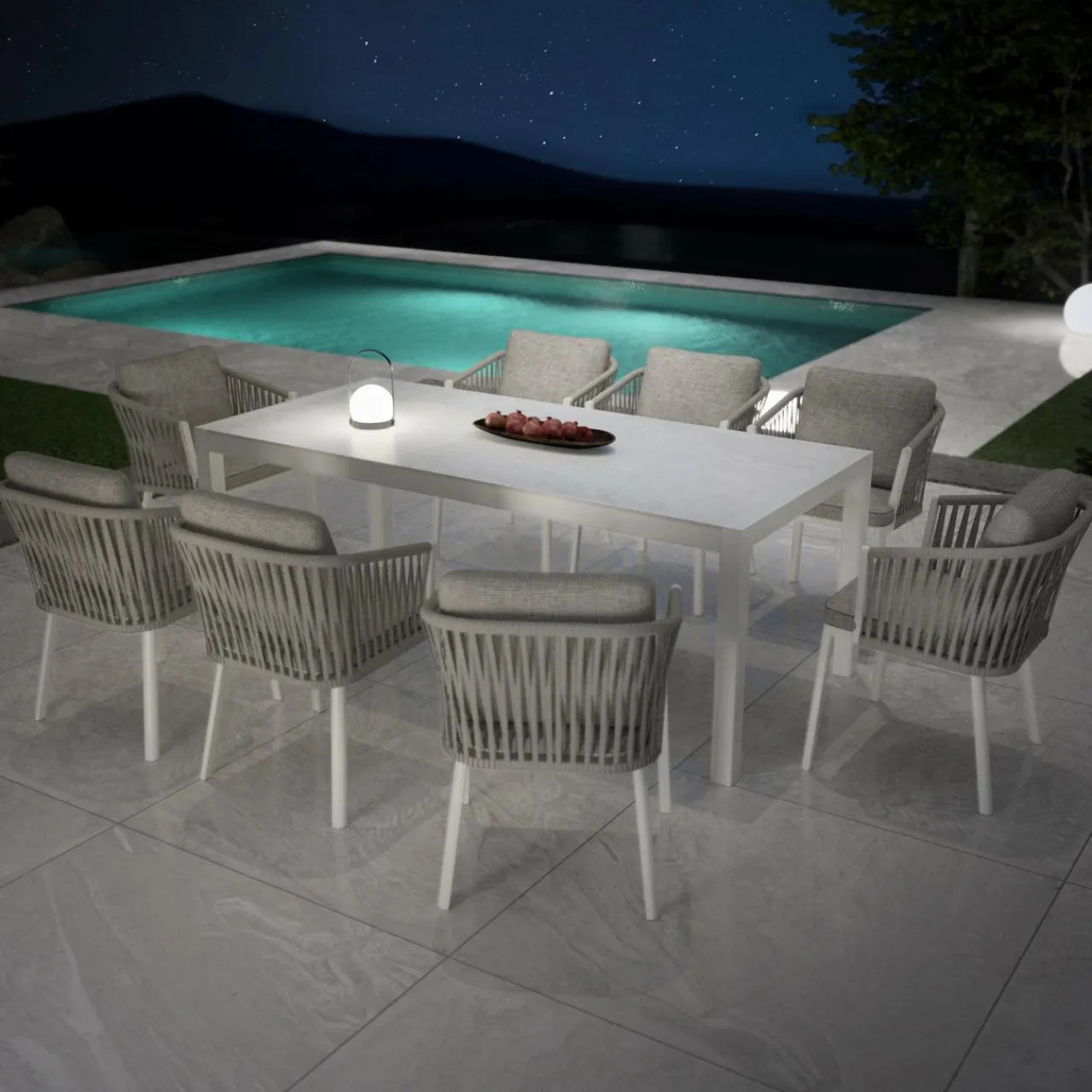 MOBELLIA Table de jardin en aluminium et céramique 8 places (180 x 90 cm) Modena Blanc Hot