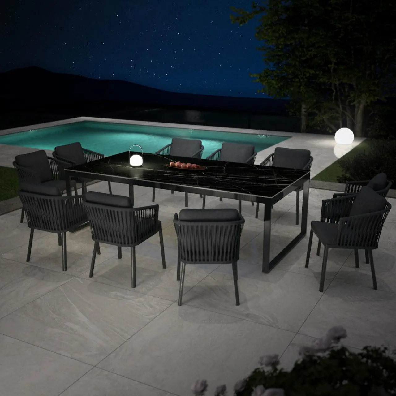 MOBELLIA Table de jardin en aluminium et céramique 10 places (240 x 120 cm) Kore Noir marbré Hot