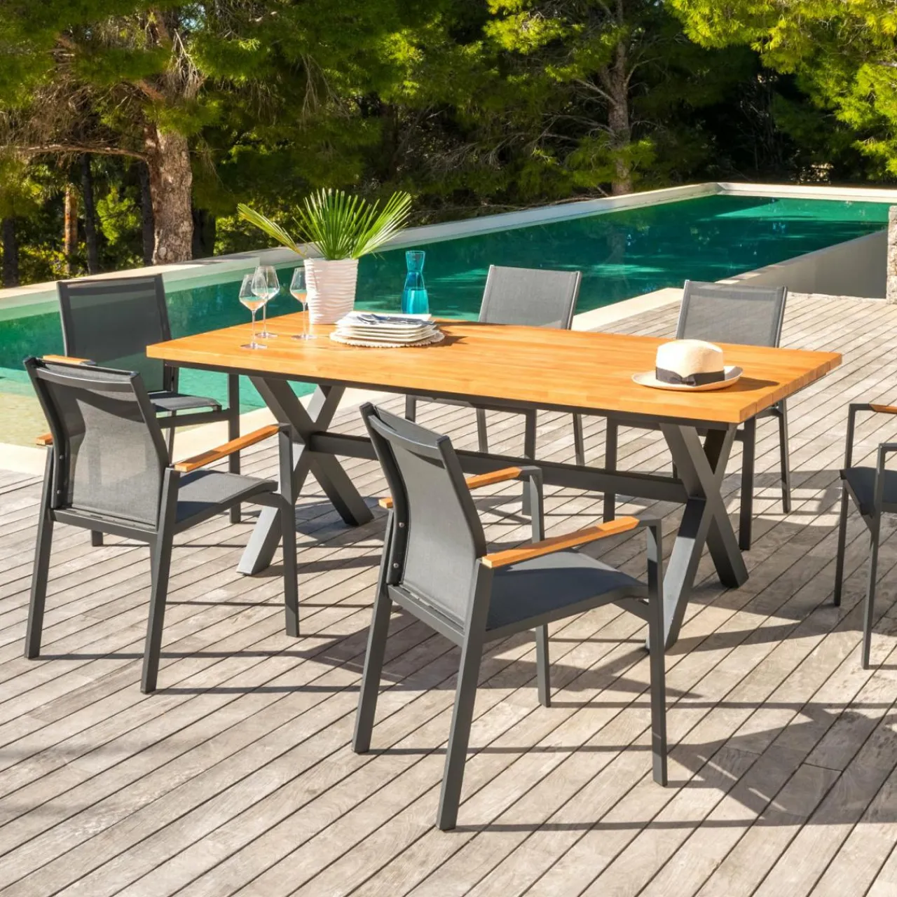MOBELLIA Table de jardin en aluminium et bois teck 8 places (200 x 100 cm) Bali Gris Anthracite Outlet