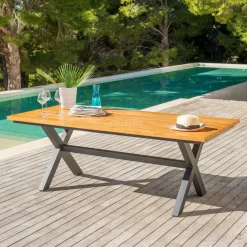 MOBELLIA Table de jardin en aluminium et bois teck 8 places (200 x 100 cm) Bali Gris Anthracite Outlet