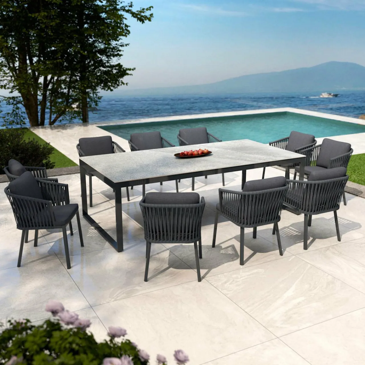 MOBELLIA Table de jardin en aluminium et céramique 10 places (240 x 120 cm) Kore Gris et gris anthracite Effet Pierre gris - gris anthracite Hot