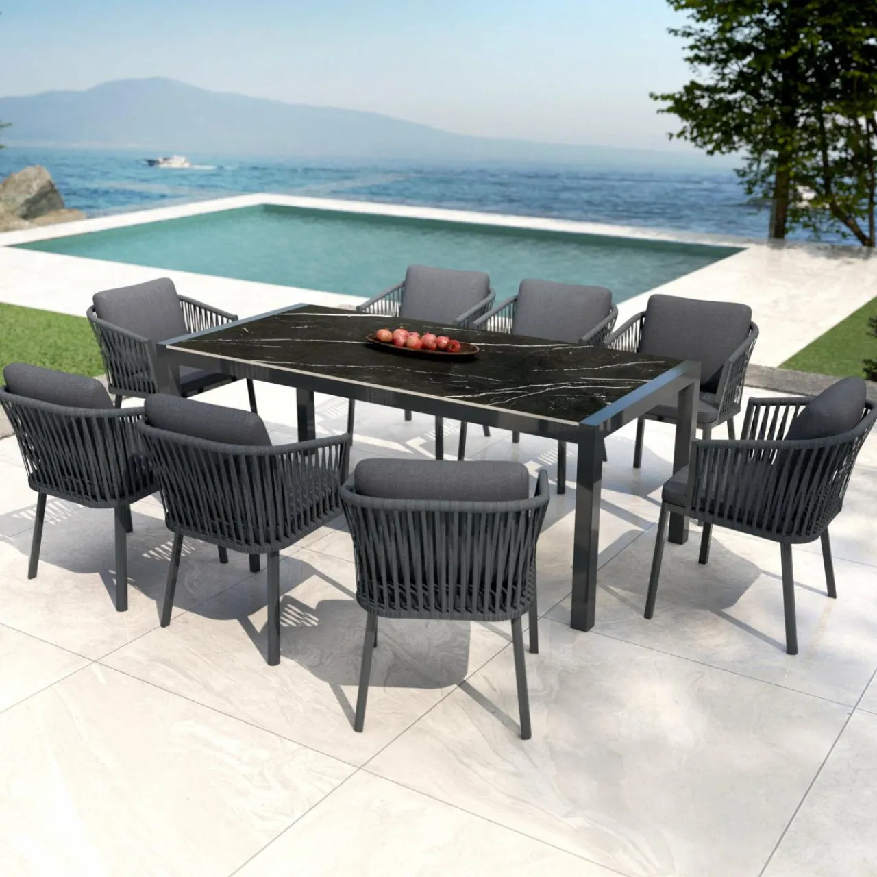 MOBELLIA Table de jardin en aluminium et céramique 8 places (180 x 90 cm) Modena Noir marbré
