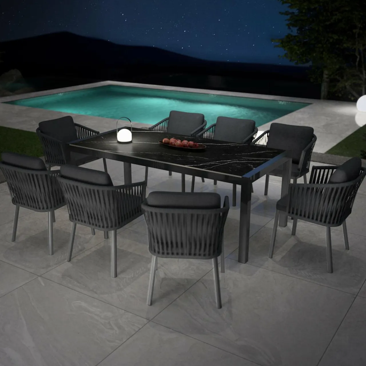 MOBELLIA Table de jardin en aluminium et céramique 8 places (180 x 90 cm) Modena Noir marbré
