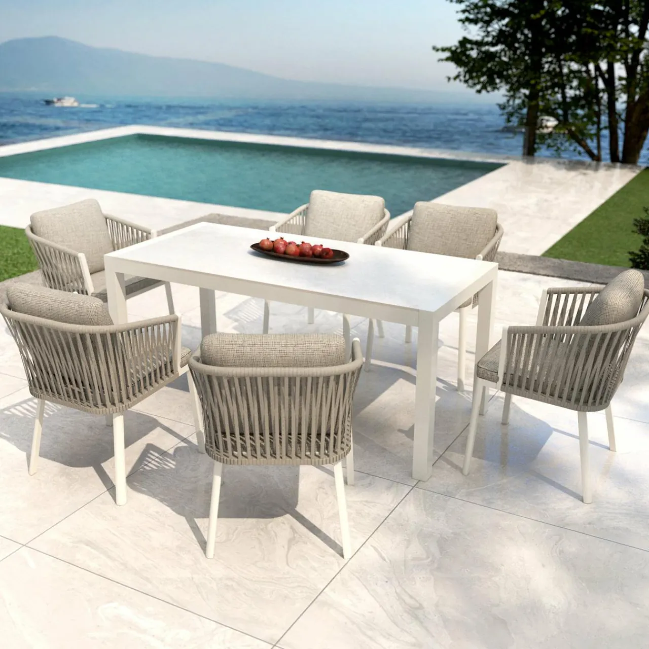MOBELLIA Table de jardin en aluminium et céramique 6 places (150 x 75 cm) Modena Blanc Discount