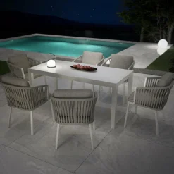 MOBELLIA Table de jardin en aluminium et céramique 6 places (150 x 75 cm) Modena Blanc Discount