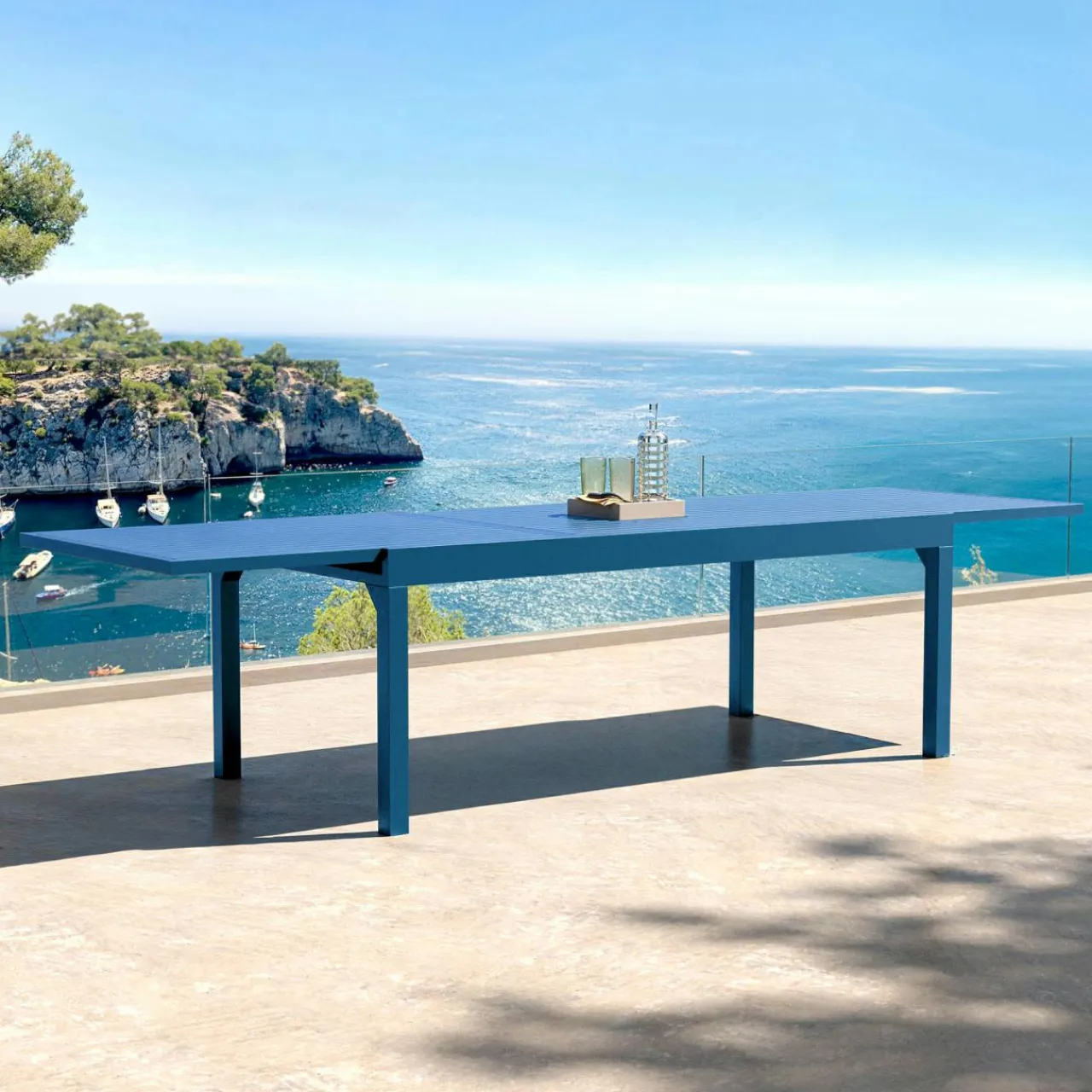 MOBELLIA Table de jardin extensible aluminium 12 places (200/320 x 100 cm) Murano Bleu pétrole Clearance