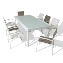 MOBELLIA Table de jardin extensible en verre 10 places (135/270 x 90 cm) Murano Blanc Discount