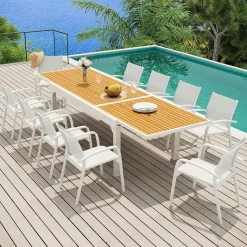 MOBELLIA Table de jardin extensible en aluminium 12 places effet bois (200/320 x 100 cm) Murano Blanc Clearance