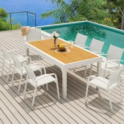 MOBELLIA Table de jardin extensible en aluminium 12 places effet bois (200/320 x 100 cm) Murano Blanc Clearance