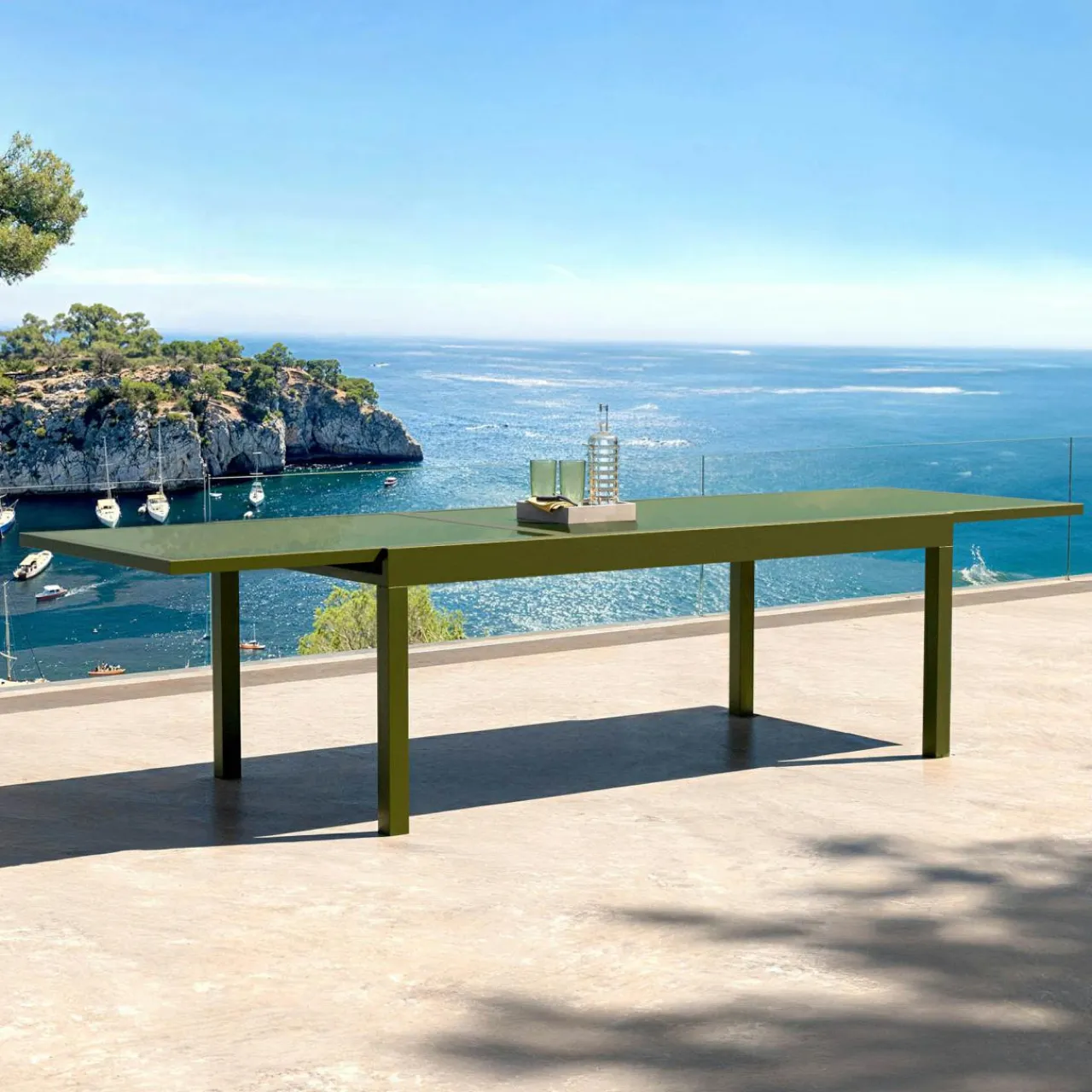 MOBELLIA Table de jardin extensible en verre 12 places (200/320 x 100 cm) Murano Vert olive Best