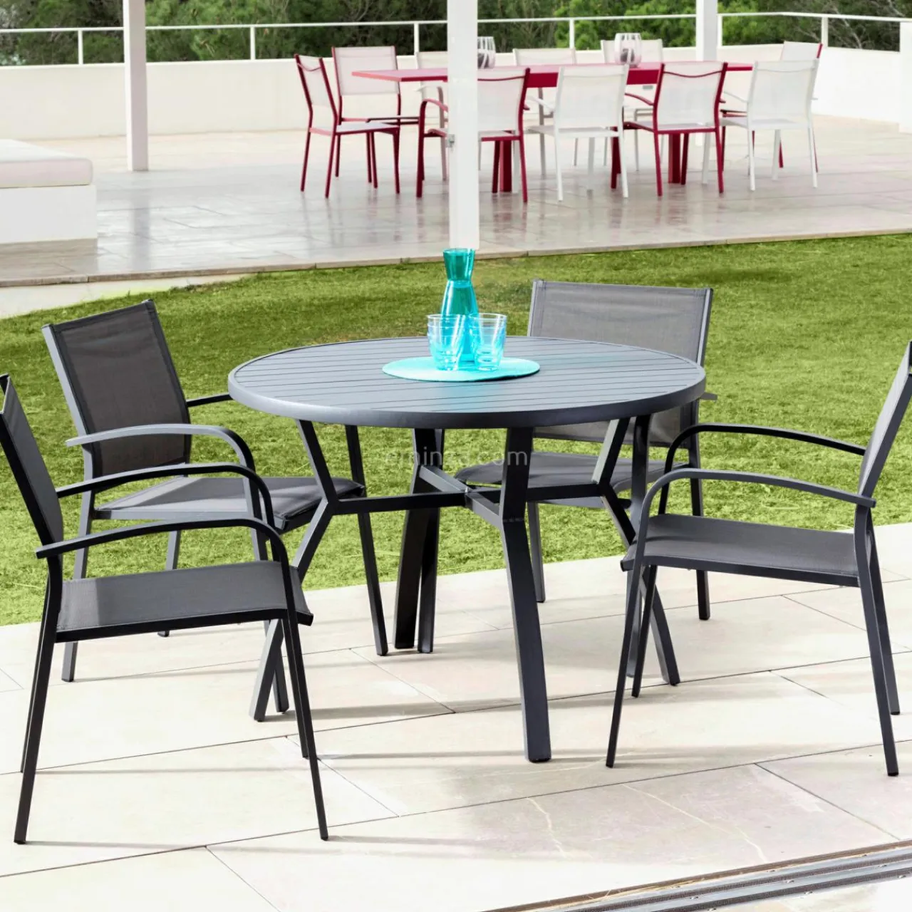 MOBELLIA Table de jardin ronde en aluminium 5 places (D105 cm) Murano Gris Anthracite Sale