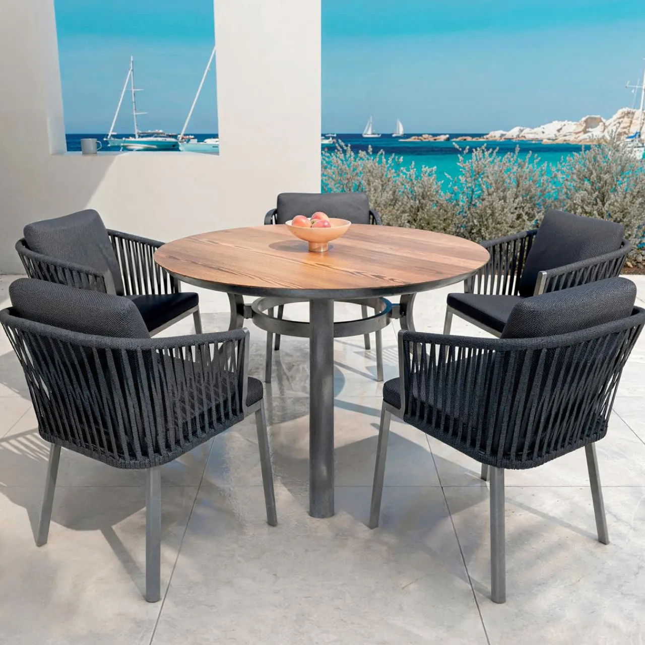 MOBELLIA Table de jardin ronde en aluminium 6 places (D120 cm) Amalfi Gris Anthracite Best