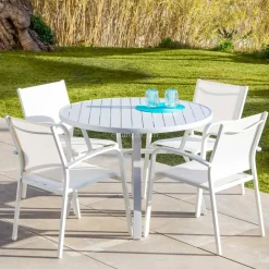 MOBELLIA Table de jardin ronde en aluminium 5 places (D105 cm) Murano Blanc Clearance