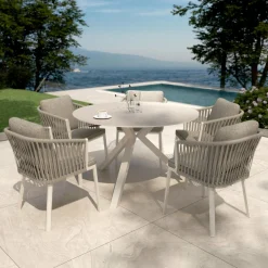 MOBELLIA Table de jardin ronde en aluminium et céramique 6 places (D120 cm) Kore Blanc Sale