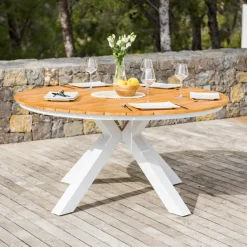 MOBELLIA Table de jardin ronde en aluminium et bois teck 8 places (D140 cm) Bali Blanc Outlet