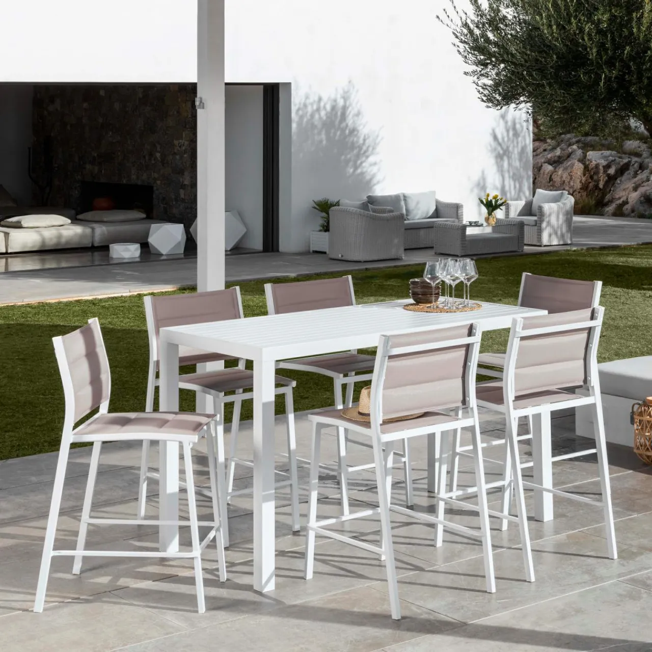 MOBELLIA Tabouret de jardin aluminium empilable Murano et taupe Blanc Hot