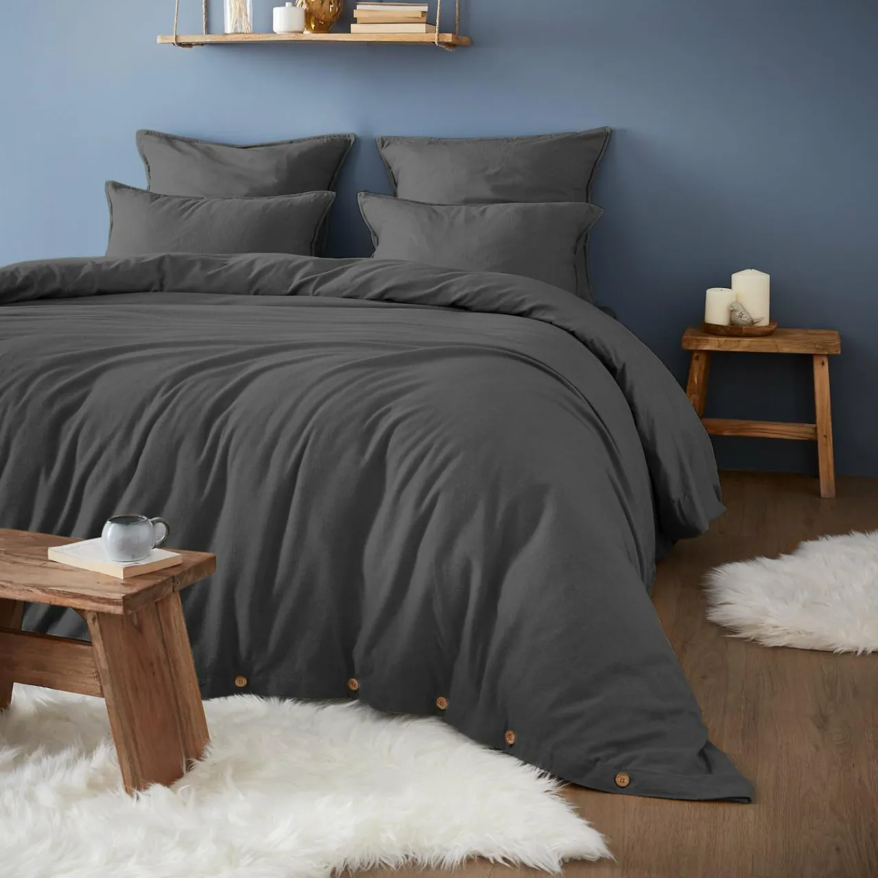 EMINZA Taie d'oreiller carrée flanelle de coton (63 x 63 cm) Théa Gris Anthracite Outlet