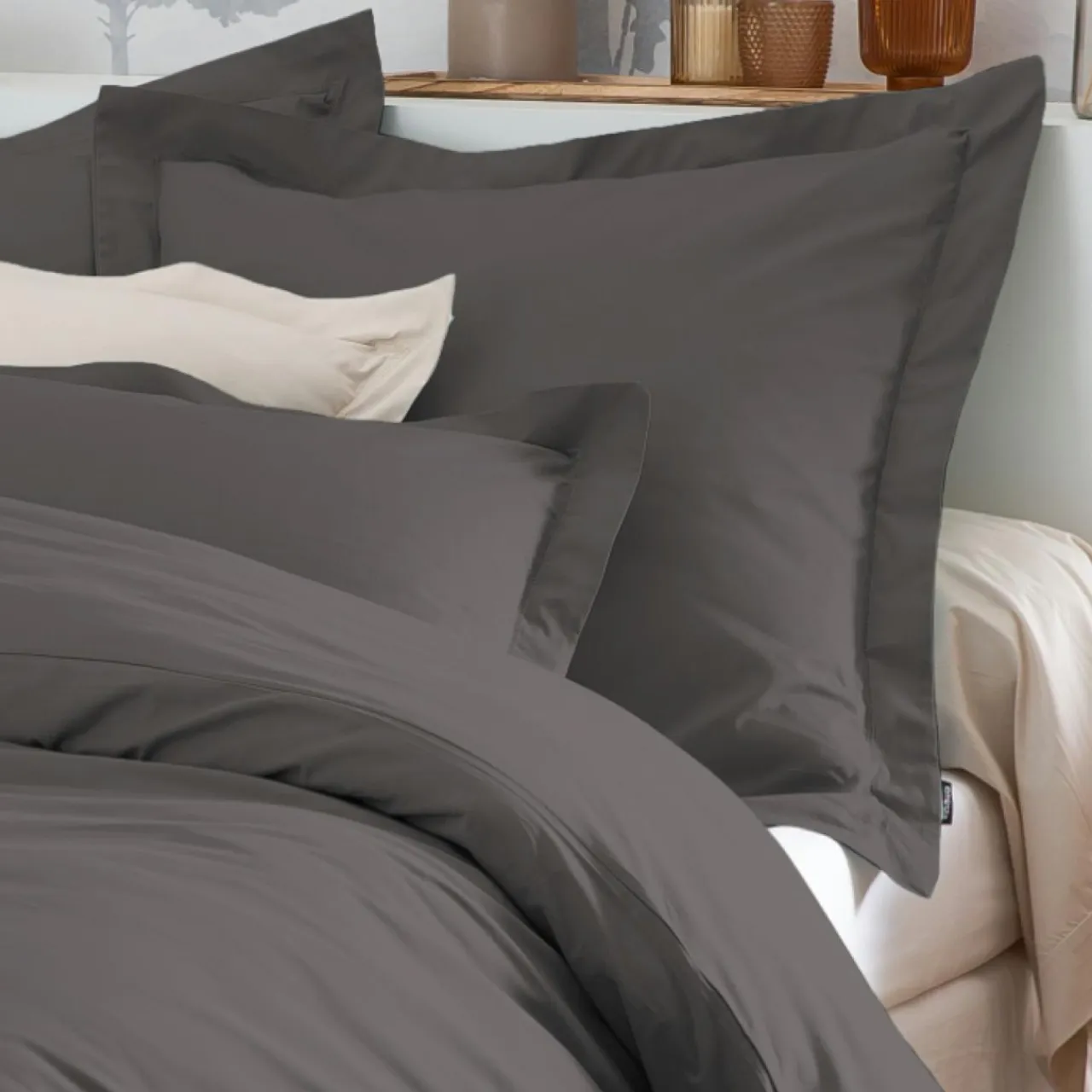 EMINZA Taie d'oreiller carrée percale de coton (80 x 80 cm) Cali Gris Anthracite Discount