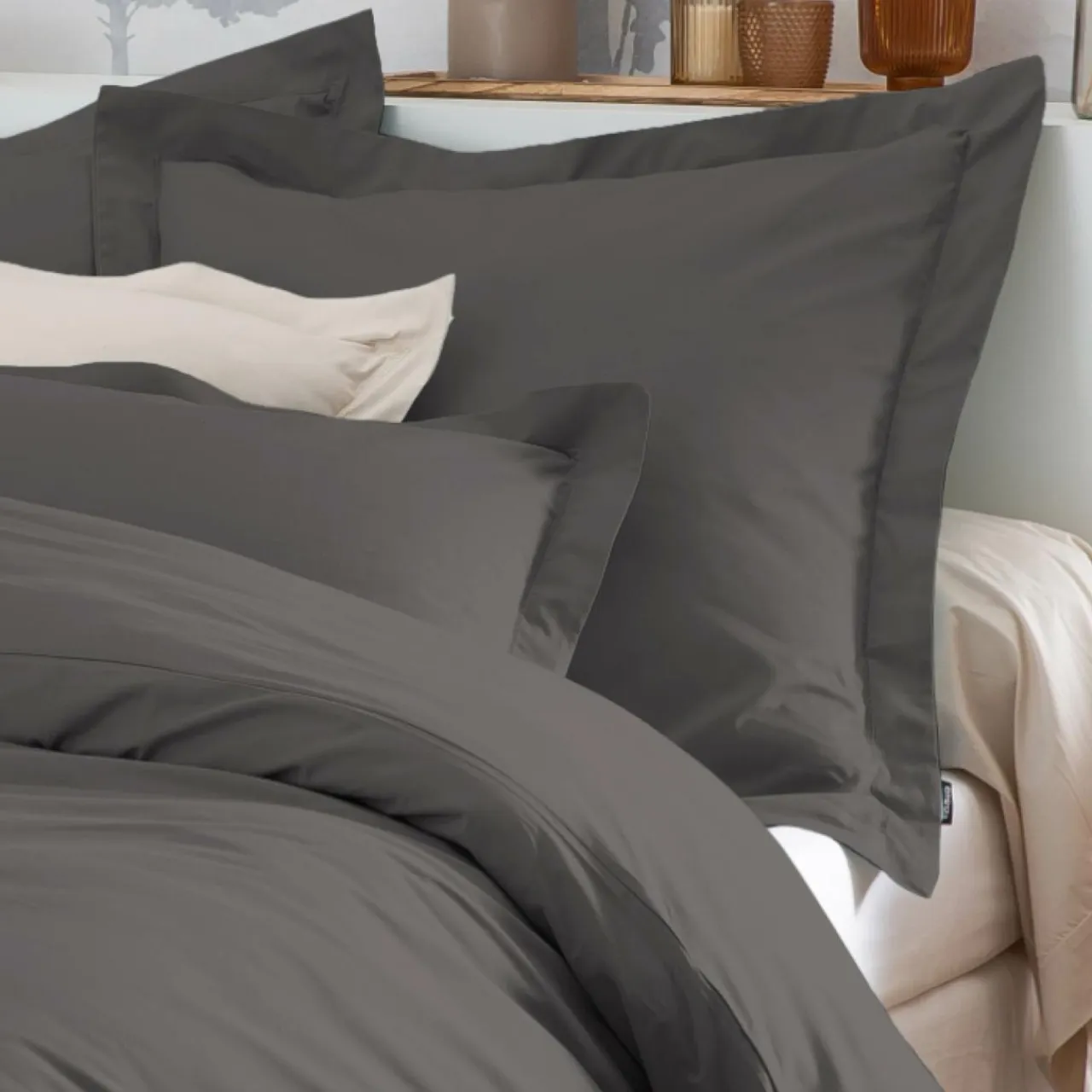 EMINZA Taie d'oreiller rectangulaire percale de coton (80 cm) Cali Gris Anthracite
