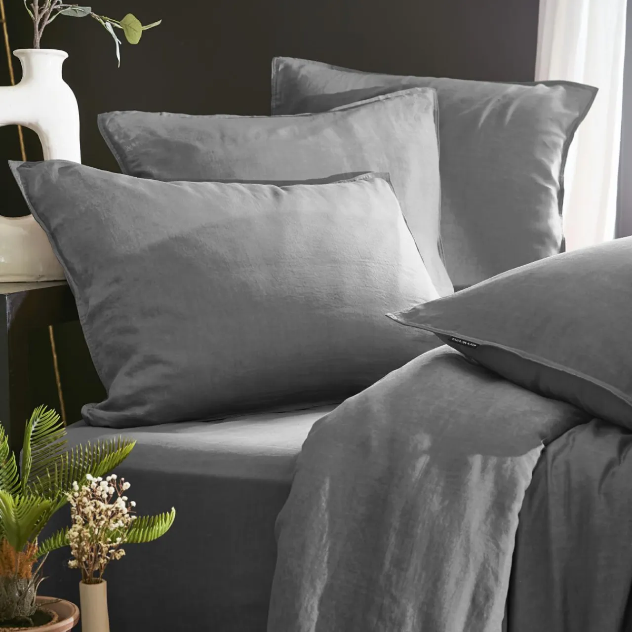 EMINZA Taie d'oreiller rectangulaire lyocell Tencel™ lavé (50 x 70 cm) Olivia granit Gris