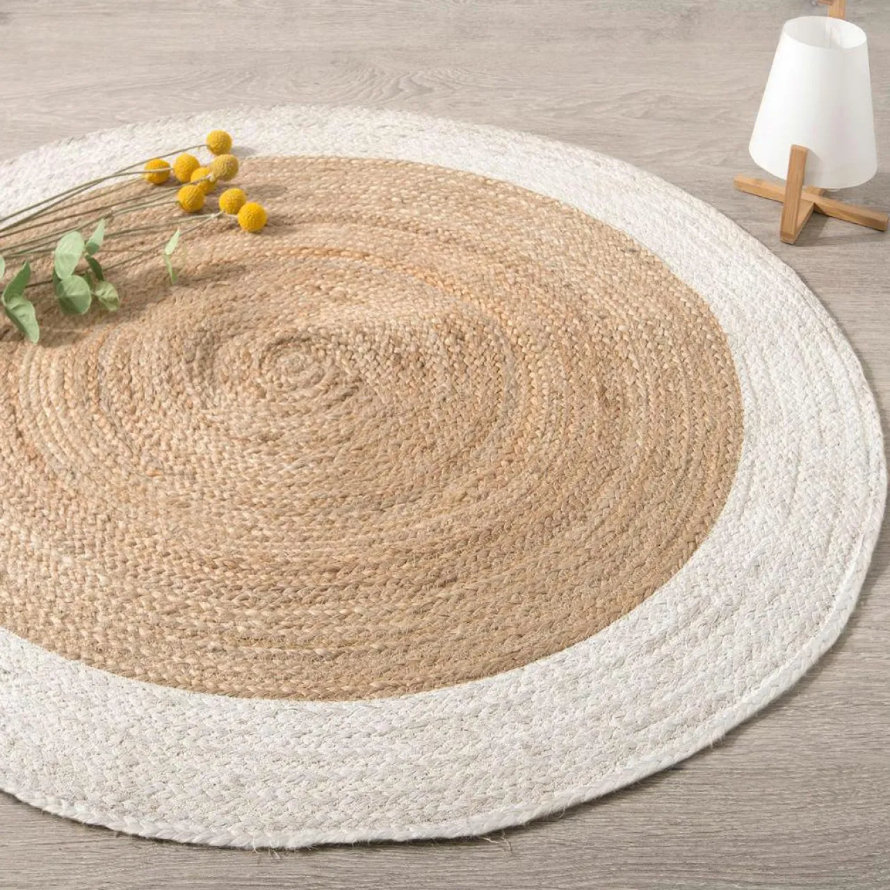 ATMOSPHERA Tapis de salon jute rond (D120 cm) Bord Blanc Hot