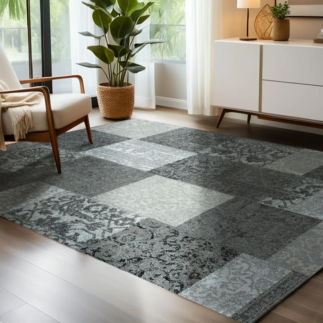 EMINZA Tapis de salon rectangulaire jacquard (140 x 200 cm) Rishi et gris Noir Best