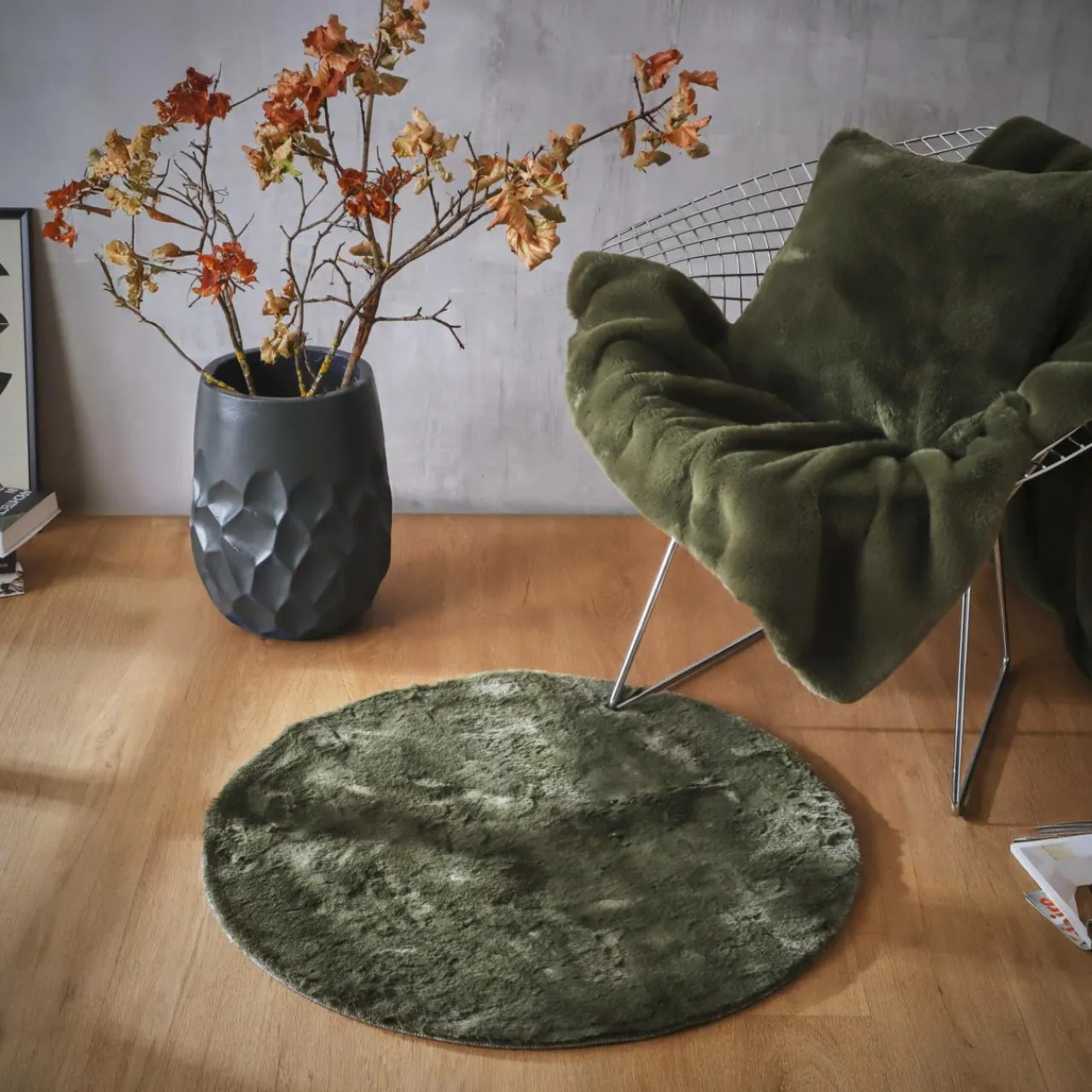 EMINZA Tapis rond fausse fourrure (80 cm) Finn Vert kaki Discount