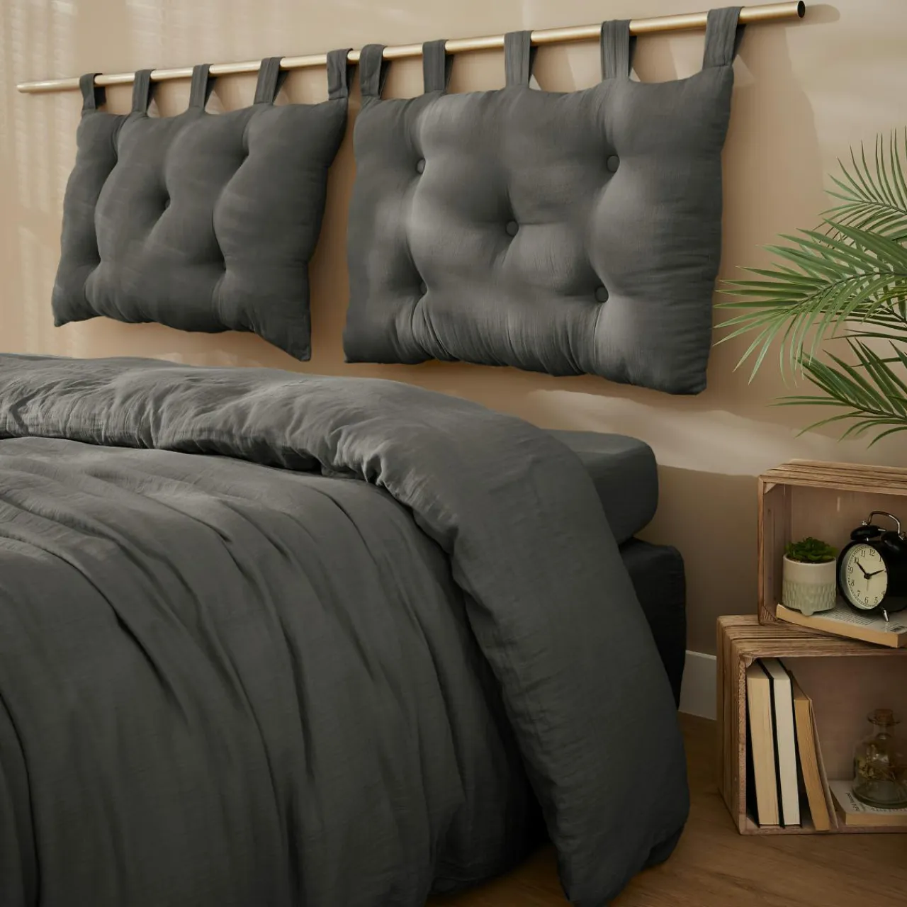 EMINZA Tête de lit coussin gaze de coton (80 x 50 cm) Gaïa Gris granit Gris foncé Discount