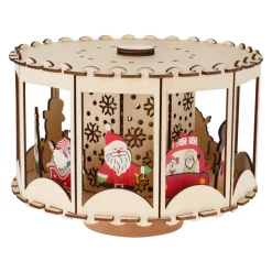KOOPMAN Village de Noël en bois animé et lumineux à piles (20 x H14 cm) Carrousel enchanté Naturel
