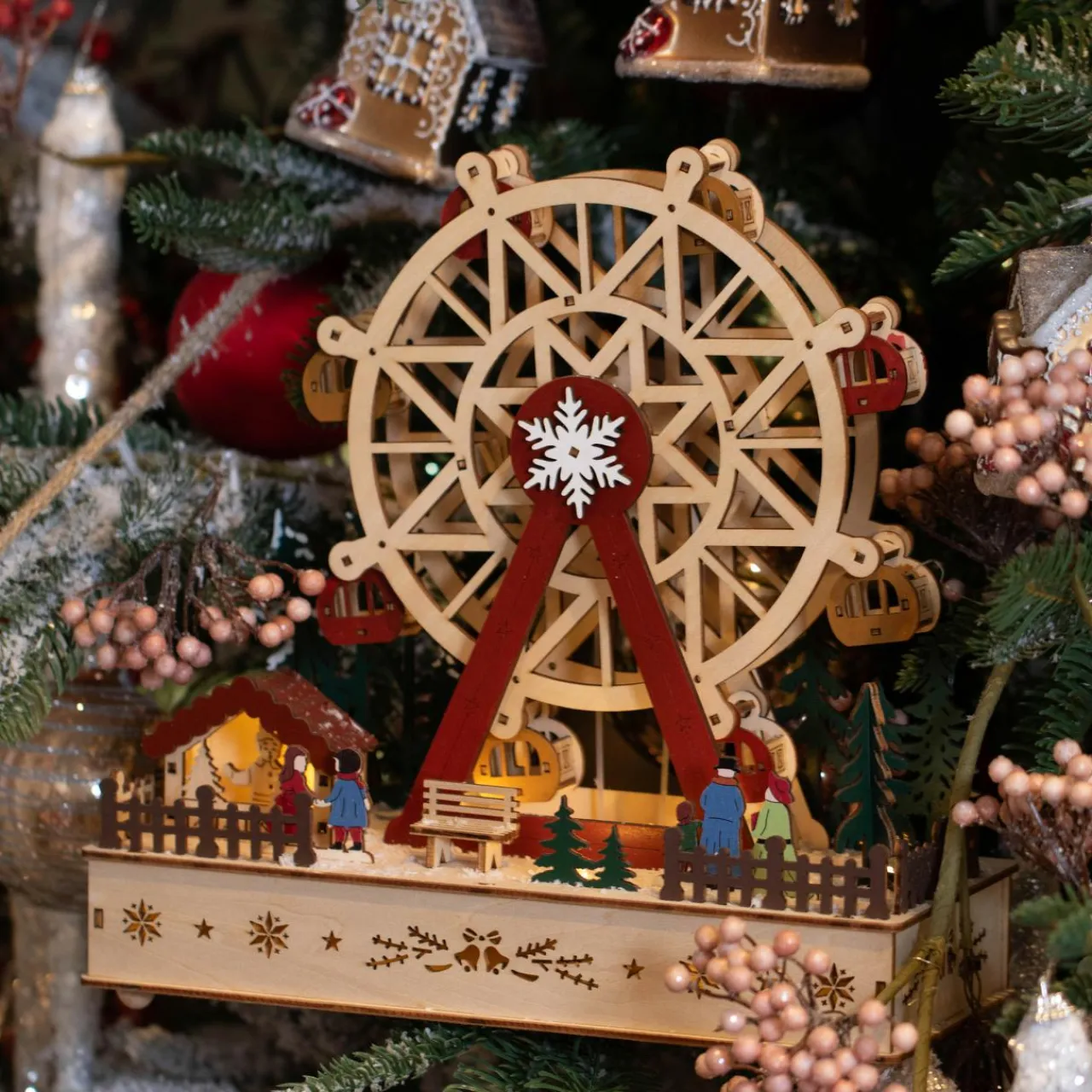 KAEMINGK Village de Noël en bois lumineux et musical à piles (28 x H28 cm) Grande roue Colorée Best